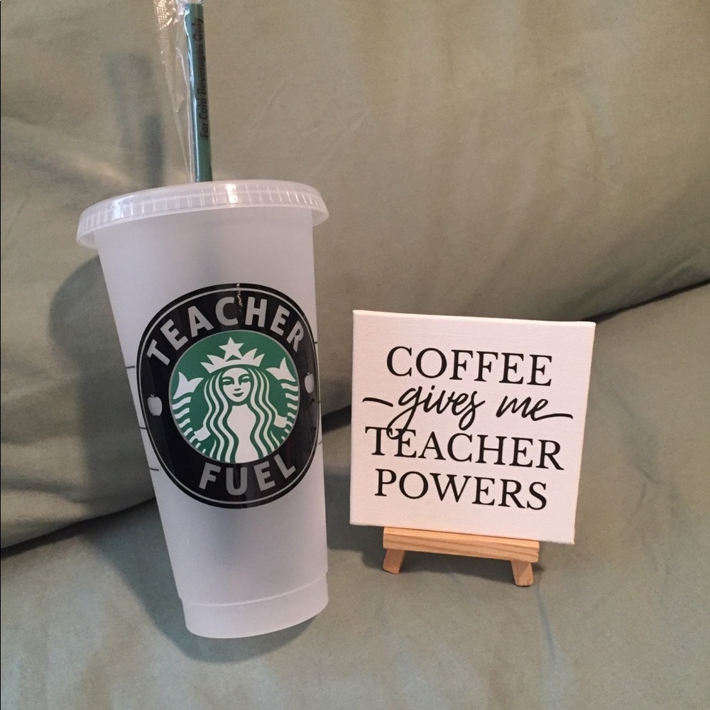 Starbucks reusable plastic cup with canvas sign